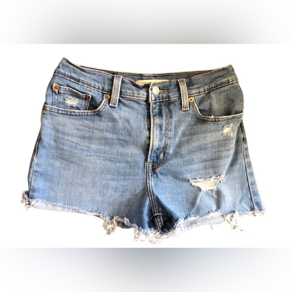 Levi’s High Rise Shorts Sz. 28 Stretch Distressed Med Blue Red Tab Cut Offs - Picture 1 of 6